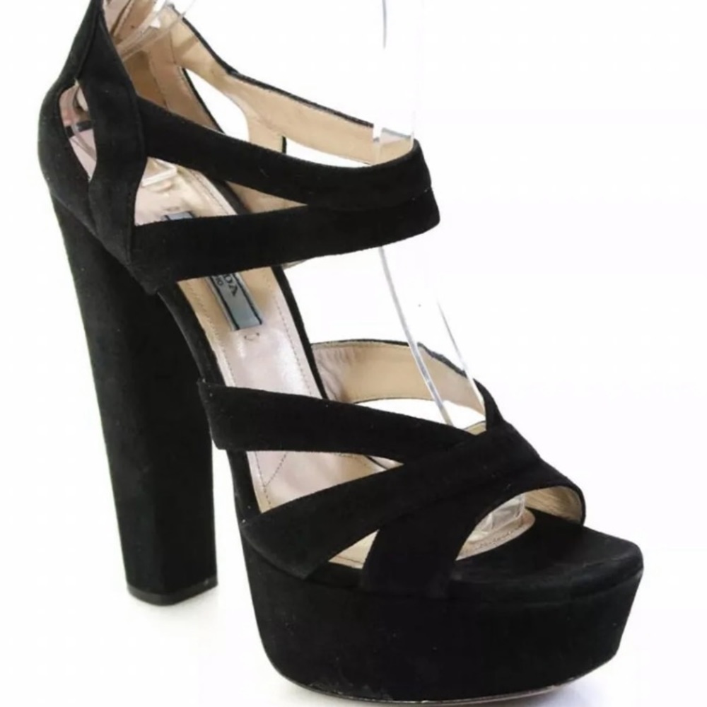 Prada AUTH Black Suede Platform Sandals sz 38